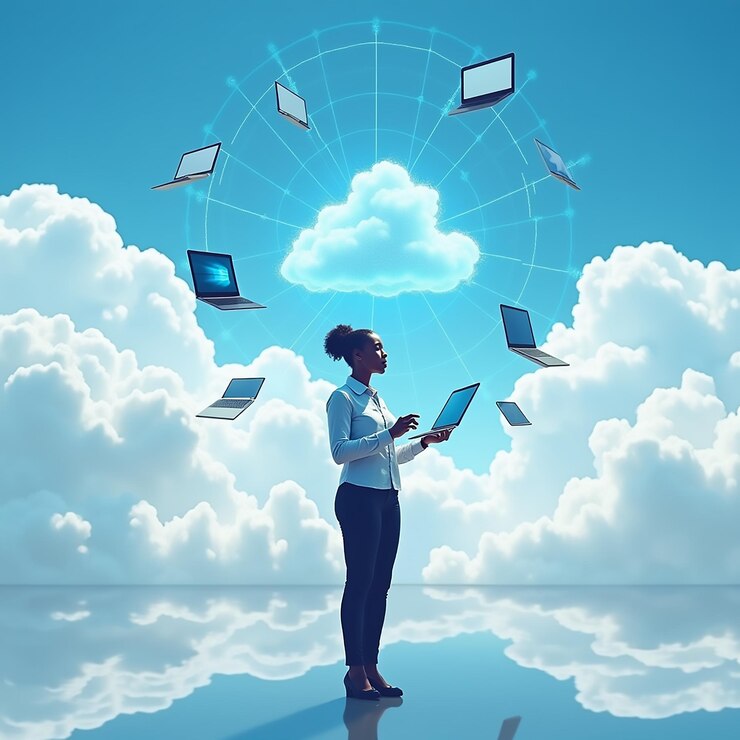 Foto una mujer está de pie frente a una nube con portátiles y portátiles