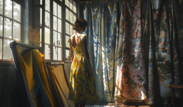 La mujer está de pie frente a la ventana mirando a la cortina de seda