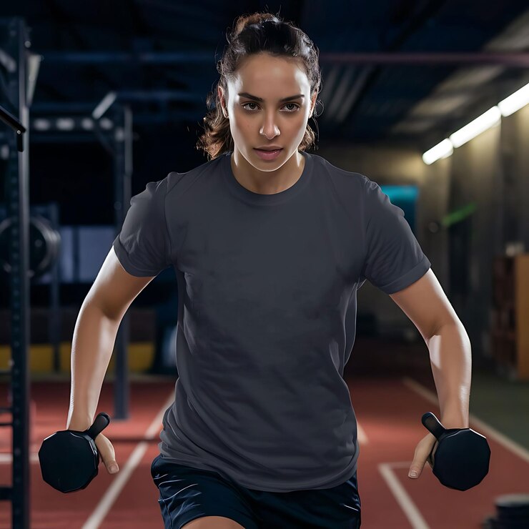 una mujer está de pie en un gimnasio con guantes de boxeo en sus manos