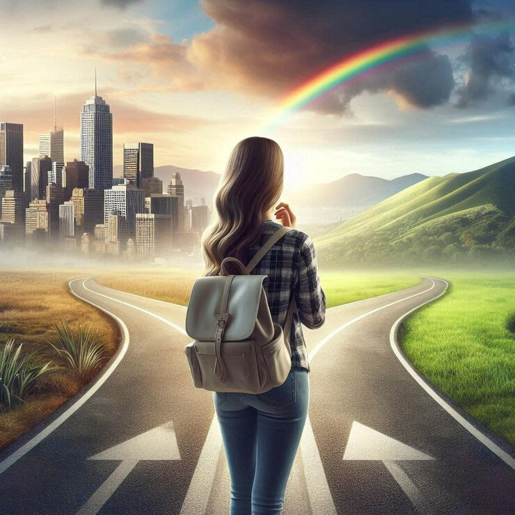 una mujer está de pie en el medio de una carretera vacía con un arco iris en el fondo