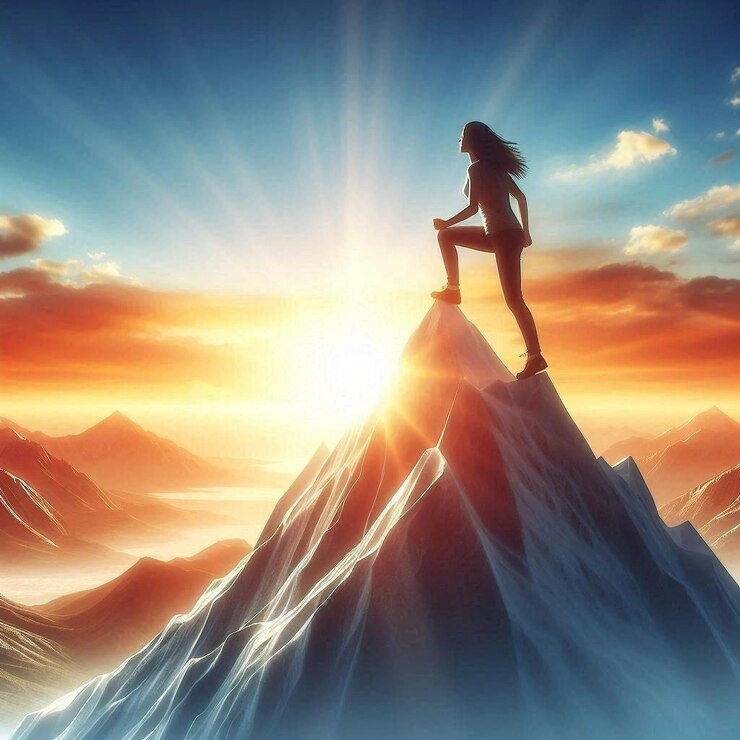 una mujer está de pie en una montaña con el sol detrás de ella