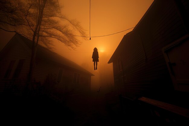 una mujer está de pie en la niebla con el sol detrás de ella