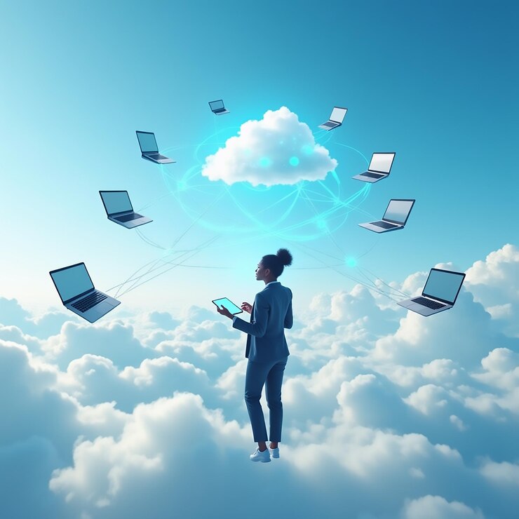 Foto una mujer está de pie en las nubes con varios teléfonos celulares por encima de ella