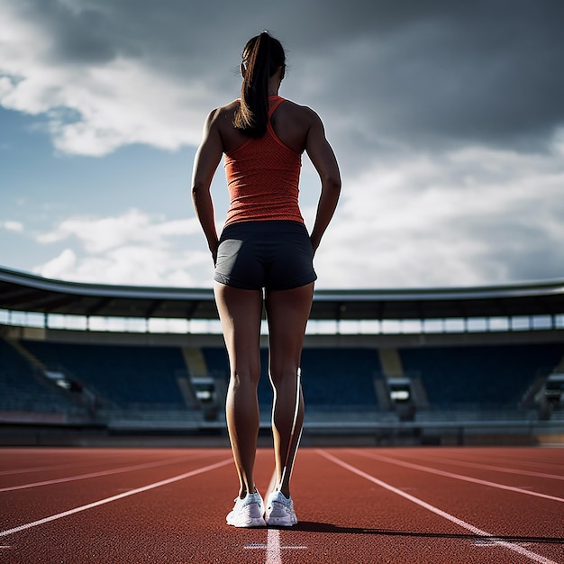 una mujer está de pie en una pista con las manos en las caderas