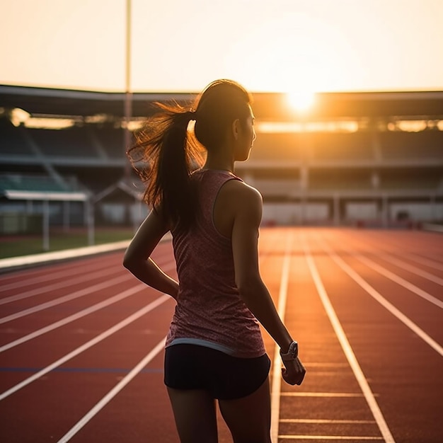 una mujer está de pie en una pista con el sol detrás de ella