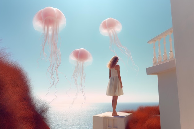 una mujer está de pie en una plataforma con medusas en el fondo.