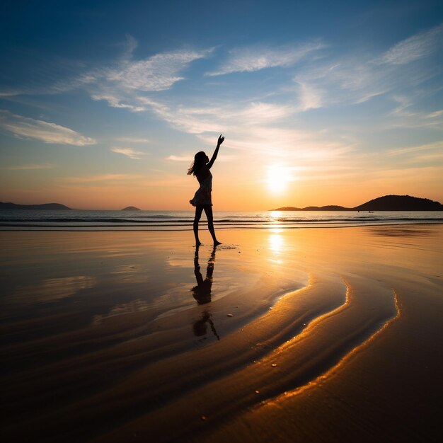 una mujer está de pie en una playa con los brazos levantados en el aire