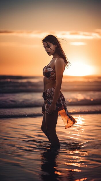 Una mujer está de pie en una playa frente a una puesta de sol.