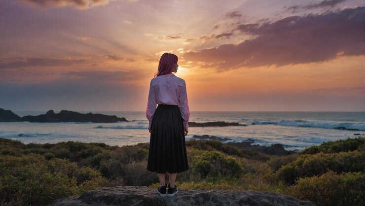 una mujer está de pie en una playa con el sol poniéndose detrás de ella