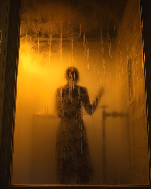 una mujer está de pie en una puerta frente a una ventana con una luz en ella