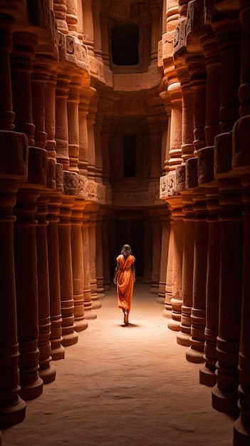 una mujer está de pie en un templo vacío.