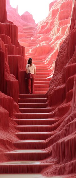 una mujer está de pie en un túnel que tiene una pared roja