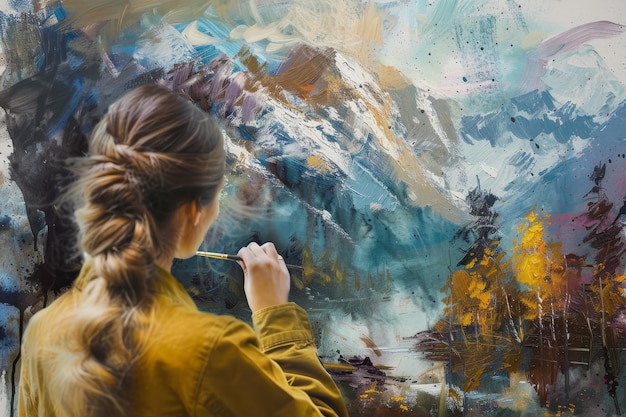 Una mujer está pintando un cuadro de un paisaje de montaña