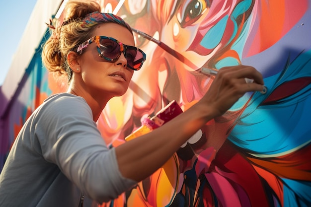 una mujer está pintando un mural con un pincel y un pincel.