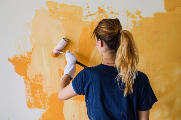 una mujer está pintando una pintura amarilla y naranja en una pared