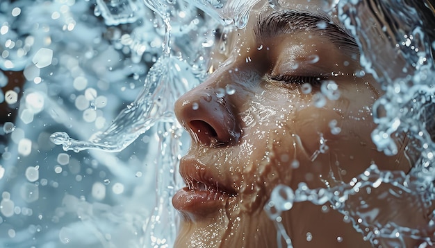 Una mujer está en una piscina de agua y el agua está salpicando alrededor de su cara