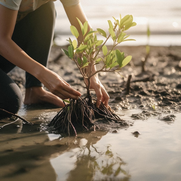 Una mujer está plantando un árbol en el agua.