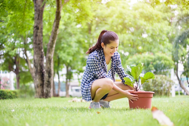 La mujer está plantando el árbol en el jardín.