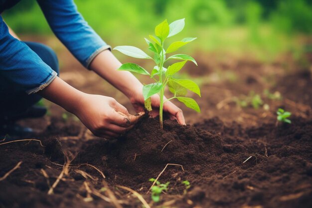 Una mujer está plantando plántulas en un campo con una planta verde.