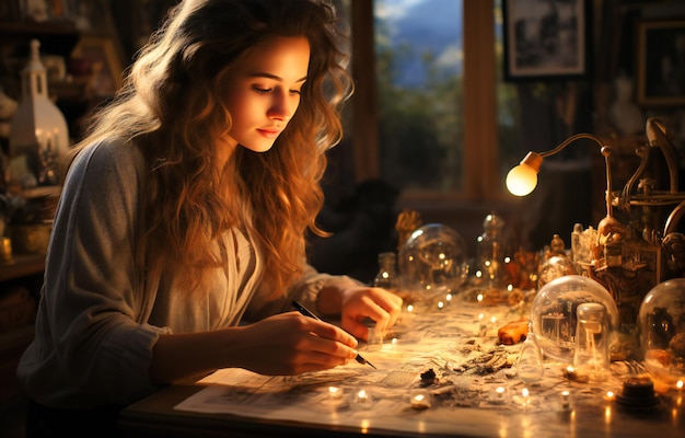 Una mujer está poniendo unas luces en una mesa.