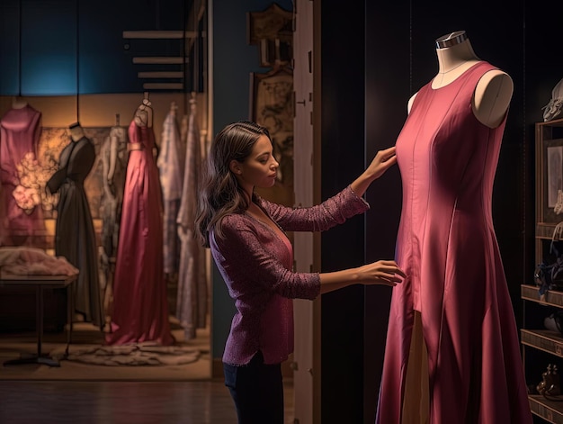 una mujer está poniendo un vestido en un maniquí en una tienda en el estilo de rosa oscuro e índigo