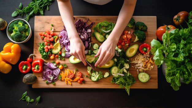 La mujer está preparando una comida con verduras frescas sobre una tabla de cortar de madera