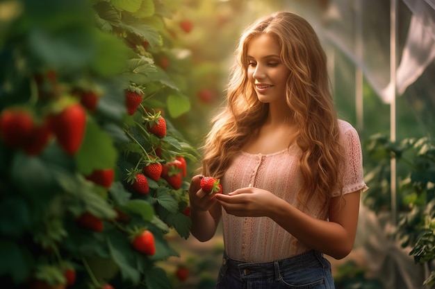 Una mujer está recogiendo fresas de un árbol.