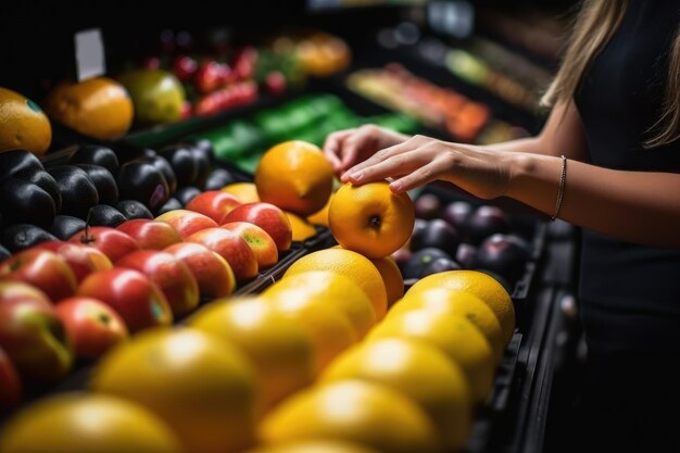 Una mujer está recogiendo fruta en una tienda de comestibles IA generativa
