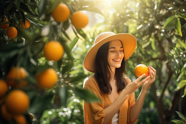 Una mujer está recogiendo naranjas de un árbol.