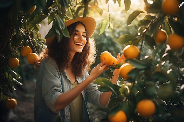 Una mujer está recogiendo naranjas de un árbol.