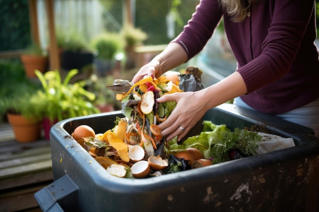 Una mujer está recogiendo verduras de un contenedor.