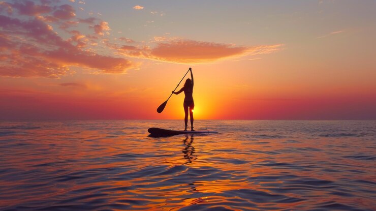 Una mujer está remando en un océano tranquilo al atardecer