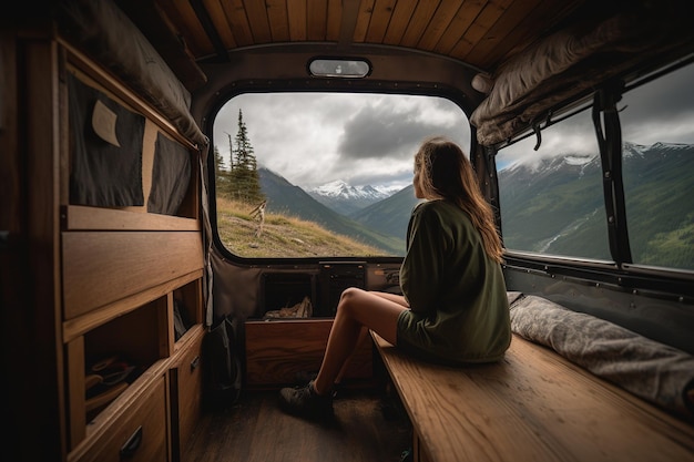 La mujer está sentada en el acogedor interior de la autocaravana con vista a la naturaleza generativa ai