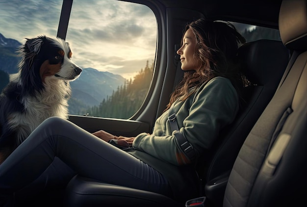 una mujer está sentada en el auto con un perro a los lados al estilo de los paisajes que desafían la gravedad