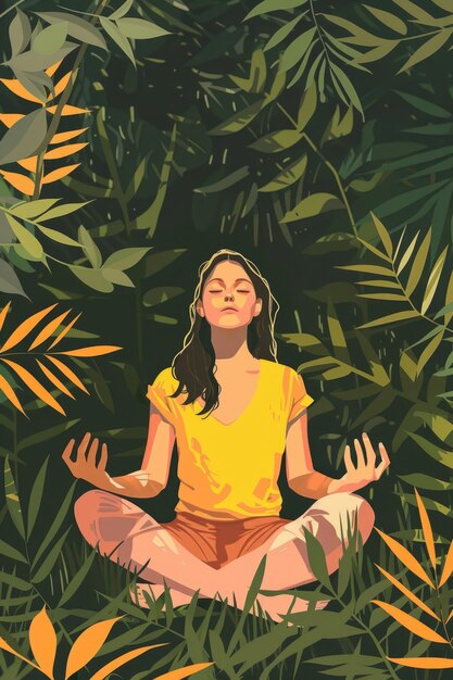 Una mujer está sentada en un bosque verde exuberante meditando