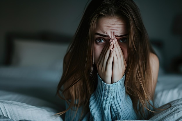 una mujer está sentada en una cama con las manos en la cara