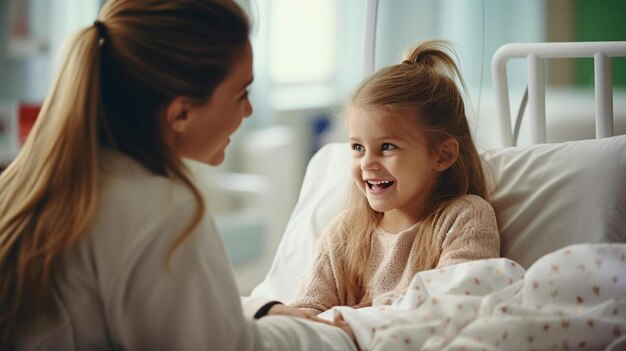 una mujer está sentada en la cama con un niño en su regazo