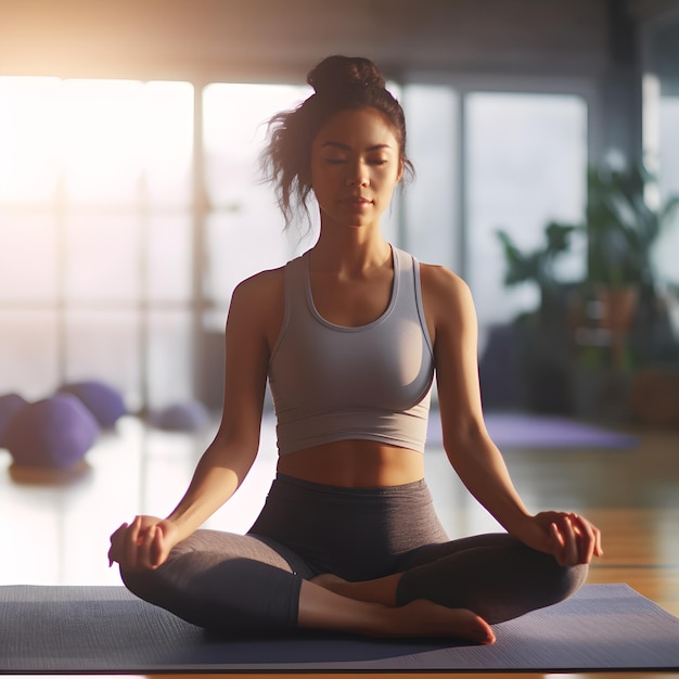 Una mujer está sentada en una colchoneta de yoga y lleva un top gris.