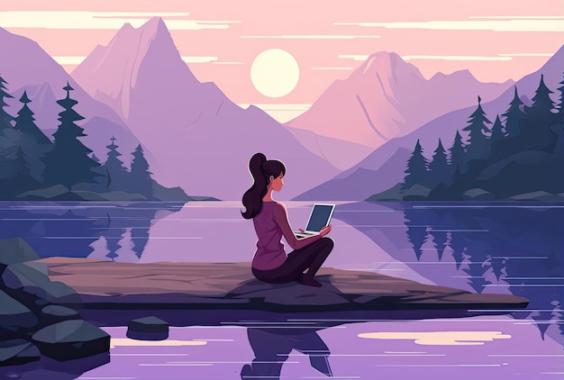 la mujer está sentada en una computadora portátil haciendo yoga