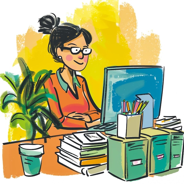 una mujer está sentada en un escritorio con una computadora y una caja de bolígrafos