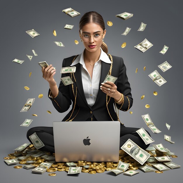 una mujer está sentada frente a una computadora portátil con dinero cayendo de ella