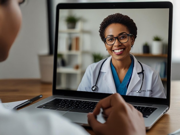 una mujer está sentada frente a una computadora portátil con un hombre en la pantalla y las palabras médica en la pantalla