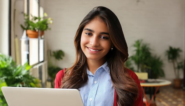 una mujer está sentada en una habitación con una computadora portátil y la palabra cita en él