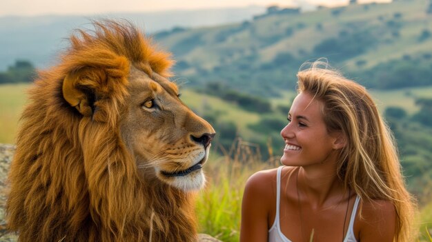 Una mujer está sentada junto a un león en un campo de hierba