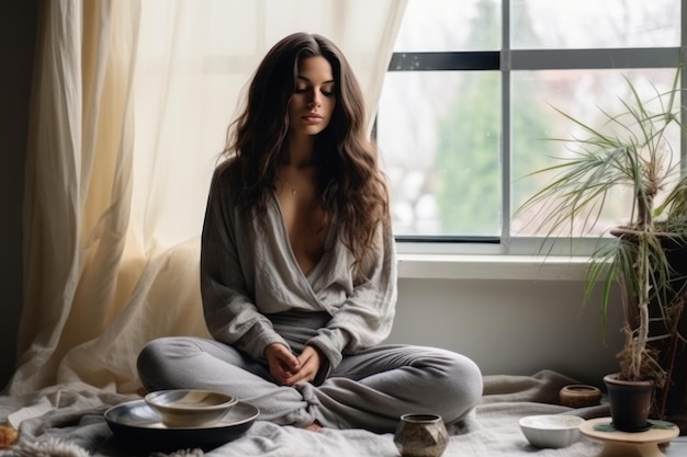 una mujer está sentada en una manta y mirando por la ventana con un cuenco