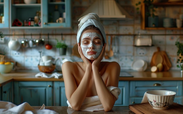 Una mujer está sentada en una mesa de la cocina con una máscara blanca en la cara