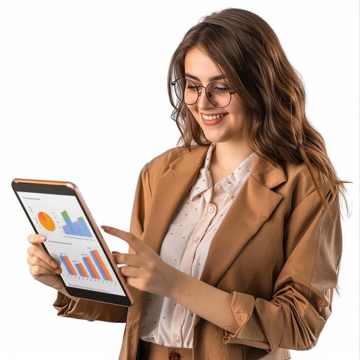 una mujer está sentada en una mesa con una computadora portátil y una calculadora
