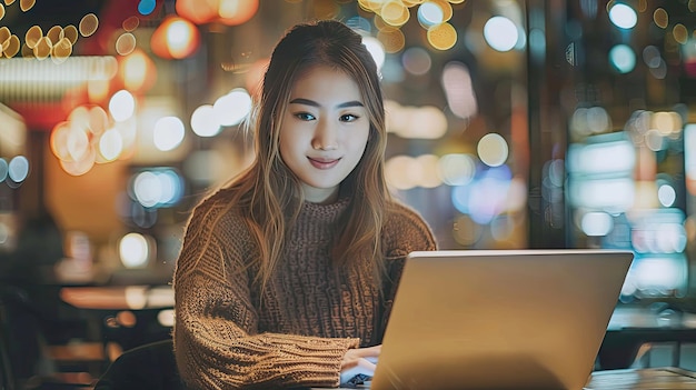 Una mujer está sentada en una mesa con una computadora portátil delante de ella