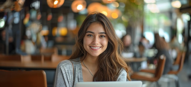 Una mujer está sentada en una mesa con una computadora portátil delante de ella