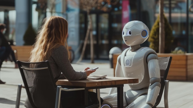 Una mujer está sentada en una mesa hablando con un robot.